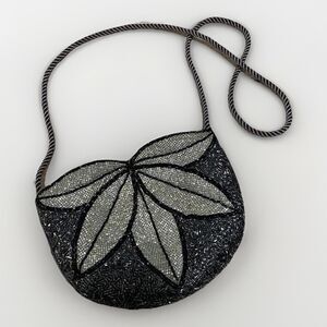 Vintage 80’s 90's Black Gray Flower Art Deco Beaded Shoulder Bag Purse Clutch